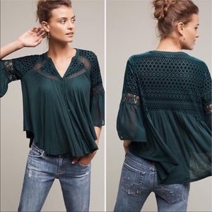 Anthropologie Teal Crochet Yoke Blouse